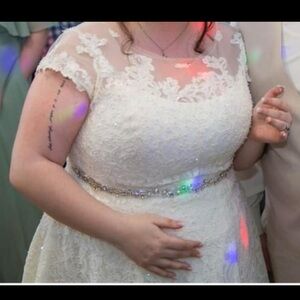 Short oleg cassini cap sleeve illusion wedding dress